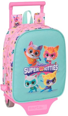 safta Superkitties Kinderrucksack mit Trolley, ideal für Kinder verschiedener Altersgruppen, bequem und vielseitig, Qualität und Widerstandsfähigkeit, 22 x 10 x 27 cm, Hellrosa/Pastelltürkis, M,
