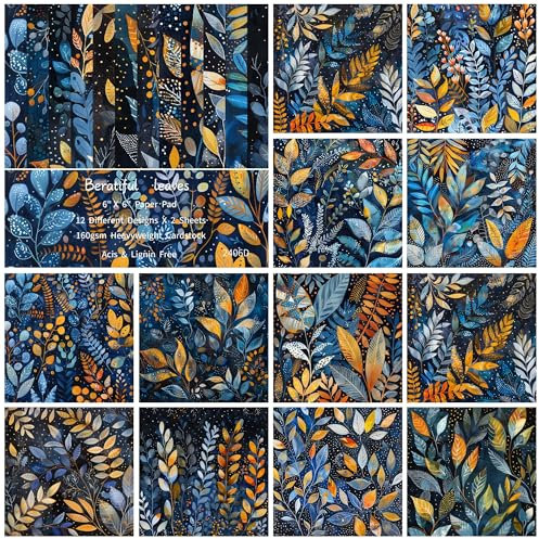 ZAKHSE Motivpapier zum Basteln, 48 Bögen Designpapier Einseitig Bedruckt 15,2x15,2cm, Blau Aquarellblätter Muster Scrapbooking Papier, 12 Designs, Bastelpapier Bunt DIY Handwerk Scrapbook Zubehör