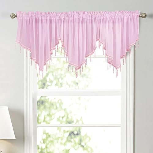 Molaxhome Lace Valance Swag Curtain 51 Inch Scalloped Sheer Curtain Panels with Crystal Beads - Rod Pocket Farmhouse Window Treatment for Kitchen Bedroom 1pc Boho Chic Drape Decor pink