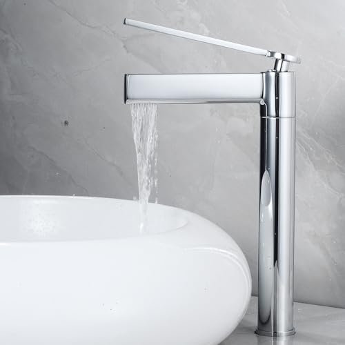 Robinet Cascade pour Vasque a Poser 1 Trou Robinets de Lavabo pour Salle de Bain Haut Chaud et Froid,chromé