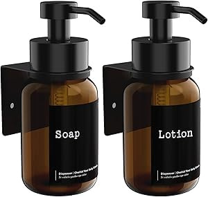 Glas Seifenspender Braun mit Wandhalterung, Shampoo Spender 250ml Wand Zum kleben, Wandseifenspender Ohne Bohren, Seifenspender Duschgel, Pumpspender für Flüssigseife [2 Stück]