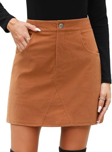 CMTOP Gonna Donna Corta Invernale Vita Alta A-Linea Minigonna Casual in Velluto A Coste vestibilità Elegante Stretta Mini Gonna con Tasche (Marrone, XL)