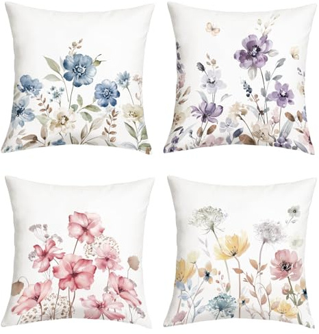 Joymaison Kissenbezüge 45x45 4er Set Sommer Aquarell Blumen Lila Garten