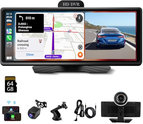 Haudio 10.26 Car Play Screen for Wireless Apple Carplay & Android Auto, Portable Car Stereo with DVR 1080P Front & Rear Camera, Bluetooth, Voice Control, GPS, AUX/FM Radio w/64G TFCard for All Cars