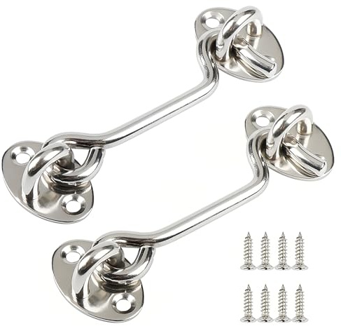 Edelstahl Kabinenhaken (2 Stück), 100 mm Sturmhaken, Edelstahl Kabinenhaken, Für Tor, Garage, Zaun, Fenster oder Schuppe, 8 Stück Montage Schrauben, Silber