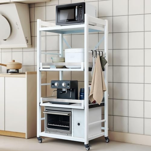 quolliter Standregal Küchenregal aus Kohlenstoffstahl, 200kg Tragkraft, 4 Etagen Schmalregal mit Rollen & Arbeitsplatte, Stehendes Regal ohne Bohren für Küche, Wohnzimmer, Badezimmer，Weiß