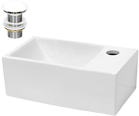 LuxeBath Waschbecken Keramik, Weiß, 350x205x125 mm, eckig mit Ablaufgarnitur Weiß, Einbauwaschbecken mit Hahnloch rechts, Aufsatzwaschbecken Einbauwaschtisch Waschschale Waschplatz Handwaschbecken