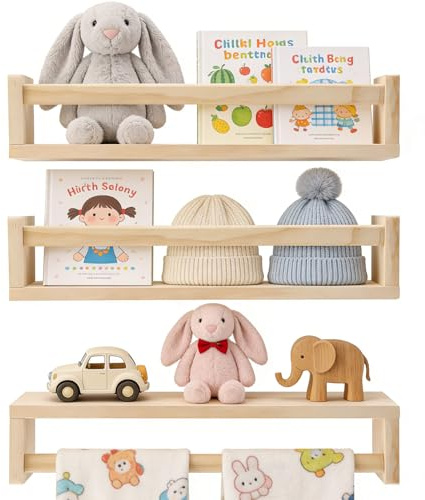 Estanteria Libros Infantil 3 Piezas, Colgante para Guardar Juguetes | Estanteria Libros Pared de Madera para Niños, Libros y Especias en Salones, Habitaciones Infantiles y Cocinas