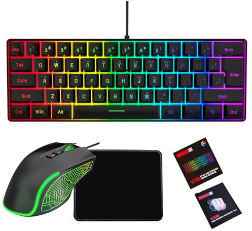 ASHATA Ensemble Clavier de Jeu RVB et Souris Rétroéclairée, Filaire USB, Claviers D'ordinateur Filaires de Jeu avec Tapis de Souris, Design Ergonomique, pour PC Portable, Jeu et Travail (Ensemble