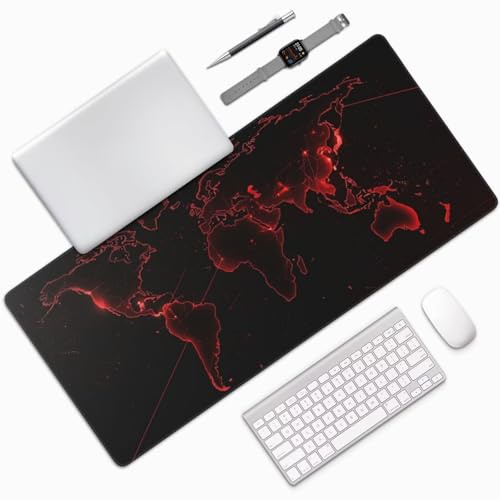 Alfombrilla Ratón XXL Gaming 1400x600x3mm, Grande Alfombrilla Ratón Rojo Patrón Mouse Pad Gaming, Tapete Rato Mapa Del Mundo Impermeable y Antideslizante Base de Goma para Decoracion Escritorio 0E-378