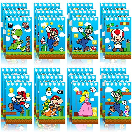 Mario Birthday Party Supplies, 24Pcs Mini Notepads for Mario Birthday Party, Goodie Bag Stuffers, Children Classroom Rewards, 8 Types