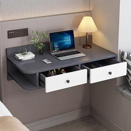 Escritorio montado en la pared con cajón, escritorio flotante para laptop, estación de trabajo multifuncional para computadora, diseño de ahorro de espacio para almacenamiento de oficina en casa
