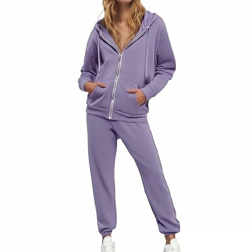 Tuta Donna Invernale Sportiva Elegante Tute da Donna Eleganti Completo con Pantaloni e Felpa con Zip e Cappuccio Completo Comoda Jogging Tuta Sportiva da Casa Tute da Ginnastica (02-Purple, L)