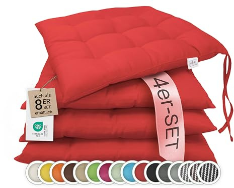 ZOLLNER 4er Set Sitzkissen in 40x40cm - gemütliche Stuhlkissen mit Bindebänder - waschbar bis 30°C - in rot - Oeko Tex® Zertifiziert