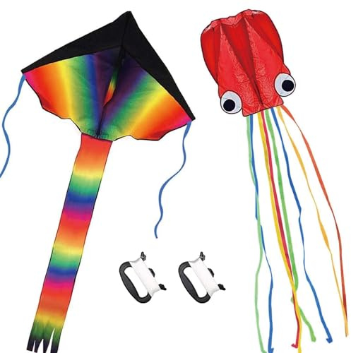 Listenman 2 Pack Easy to Fly Kites - Large Rainbow Delta Kite & Red Octopus Kites with Long Colorful Tails, Includes 2 Kite String Reels for Adults Beach Park Outdoor Game Activities Fun