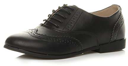 Ajvani Womens Ladies Flat Low Heel lace up Smart Vintage Oxford Shoes Brogues, Black Matte, 6 UK