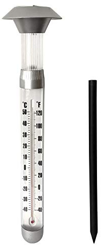 Grundig Solarlampe und Thermometer - Ø12,5 x 97cm - LED Gartenbeleuchtung mit Solarbetrieb - Erdspieß
