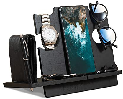 LAC Docking Station Legno per Cellulare - Idee Regalo Compleanno Uomo - Porta Oggetti Organizer Comodino Regali per Papà (Nero)
