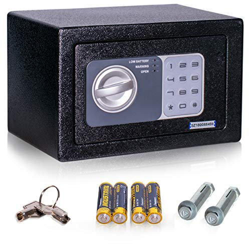 Anadol Tresor Basic, Elektronischer Safe mit Zahlenschloss und Schlüssel, Möbeltresor, Doppelbolzen Verriegelung, Mini Tresor, Wandtresor, Stahl Safe 14,8×22,8×17cm, Gewicht 2,1kg – 4 L Volumen