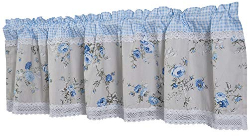 Dreamskull Cotton Cafe Curtain Country Rural Pastoral Style Small Flower Print with Blue and White Checked Kitchen Bistro Restaurant Multifunctional Curtain/Gingham Short Window Valance 150 cm Wide