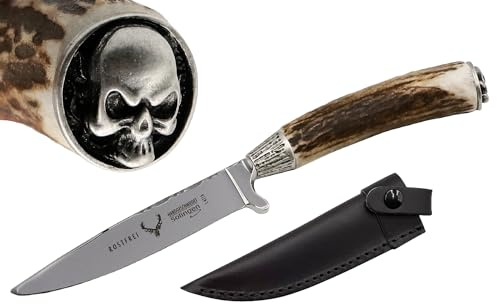 Messer Jagdmesser Skull Totenkopf echt versilbert Hirschhorn Trachtenmesser Jagd Hirschfänger Wild Bock Jagdnicker für Lederhose Biker Jäger Jagd Stahl-Klinge Hirsch, Farbe:Skull Rand glatt