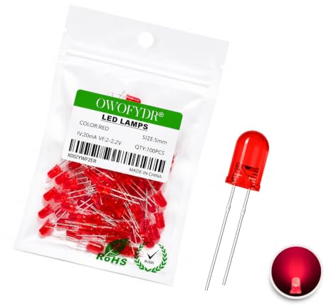 OWOFYDR 100PCS 5mm Red Diffused LED Diodes Through Hole Indicator Lights | 2V 20mA Red LEDs for Arduino Raspberry Pi PCB Breadboard DIY Electronics STEM Projects