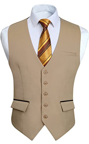 HISDERN Khaki Västs för Män Classic Bröllop Väst Elegant Affär Fest Suit Vest with Pockets M
