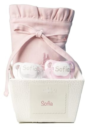 Schnuller für Babys, personalisierbar mit Namen, für Babys von 0-6 Monaten, BPA-frei, präsentiert in eleganter Vintage-Box (Rosa, 2 Schnuller + Tasche) | BebeDeParis