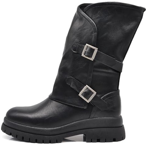 IF Fashion Scarpe Stivali da Donna Al Polpaccio Largo Biker Motociclista Con Doppie Fibbie Platform Anfibi MP2751-4 nero N.40