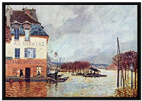 Alfred Sisley - Flood at Pont-Marley Leinwandbild 80x60 cm im Bilderahmen / Wandbild / Schattenfugenrahmen / Kein Poster