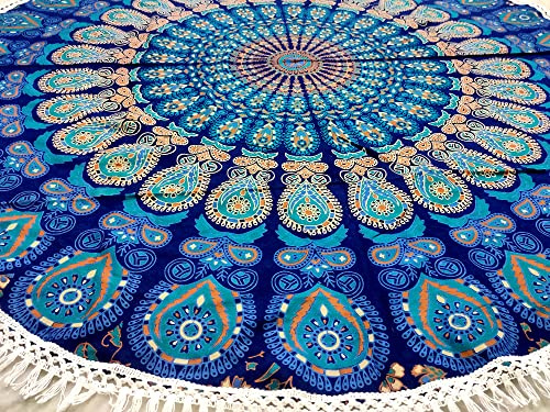 Round Beach Tapestry Turquoise Mandala Throw/Boho Hippie Beach Blanket Roundie/Indian Cotton Bohemian Large Round Table Cloth-Home Decor/Yoga Mat Meditation Picnic Rug (42, Blue)