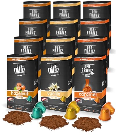 12 x 10 Capsules de café compatibles Nespresso, (40 x aromatisé à l‘arôme Noisette, 40 x Vanille, 40 x Caramel)