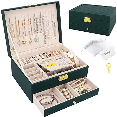 Casiwaft Boîte à bijoux, Organisateur de bijoux avec tiroir, Boîte de rangement de bijoux en cuir à 2 couches avec serrure, Coffret à Bijoux pour collier, d'oreille, bracelet, Vert foncé