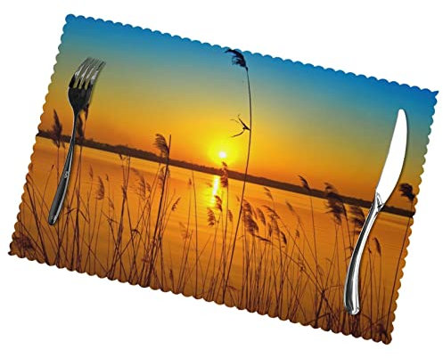 Reeds By The River Print Placemats For Dining Table Set Of 6, Heat And Anti-Slip Resistant Rectangular Placemats,Placemats For Kitchen,Table Mats Dining Rooom 45cmx30cmï¼ˆ12 X 18 Inï¼‰