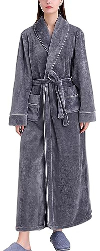 FEOYA Robe de Chambre Polaire Hiver Chaud Femme Homme Peignoir Long en Velours Femme Unisexe Peignoir de Bain avec Ceinture Style A3 2XL/3XL