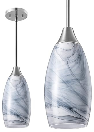 EDISHINE Pendant Light Fixture, Handcrafted Art Glass Hanging Light, Hardwired Ceiling Light, Grey Marble Glass Shade, Adjustable Brushed Nickel Rods, E26 Base, Pendant Lamp for Kitchen Island, Bar
