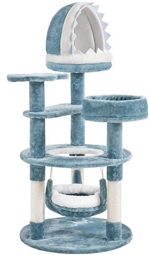 Abicain Arbre à Chat Tour pour Chat Multiniveau avec Niche Effet Requin, Hamac, Perchoir, Poteau en Sisal, 55 × 55× 115 cm, Bleu/Blanc