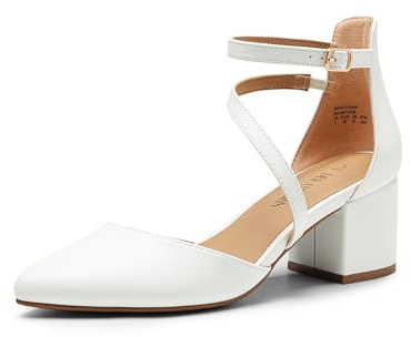 DREAM PAIRS Damen-Pumps mit geschlossenem, spitzem Zehenbereich und niedrigem Blockabsatz, Knöchelriemen, Hochzeitsschuhe, Elegante Schuhe,Size 39,Weiss-Pu,SDPU2354W