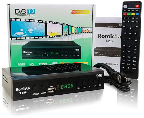 Romicta Decoder Digitale Terrestre 2025, Decoder DVB-T2/C 1080P H.265 HEVC 10Bit, Ricevitore Digitale Terrestre USB PVR Youtube LCN HDMI SCART Lettore Multimediale, Telecomando Universale 2in1