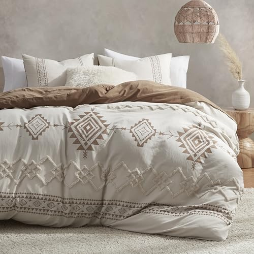 Oli Anderson Boho Duvet Cover Set Queen Size, Beige and Terracotta Color Clash 3 Pieces Microfiber Bedding Set, Durable and Super Soft Duvet Covers with Zipper and Ties, 90*90
