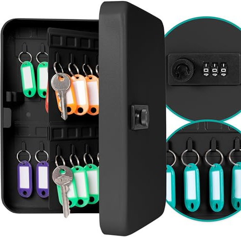 Hovea - Schlüsselkasten für 48 Schlüssel mit Zahlencode - Schlüsselschrank mit 48 Haken - Für Haus- und Autoschlüssel - Mit 48 Schlüsselanhänger & Nummern - Aus Metall - Schwarz - BKY481