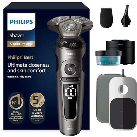 PHILIPS Shaver S9000 Prestige, elektrischer Nass- und Trockenrasierer, Gold, SkinIQ Technologie, Reiseetui, Qi-Ladepad, Präzisionstrimmer, Nasenhaartrimmer und Reinigungsstation, Modell SP9882/36