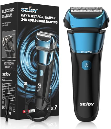 Sejoy Elektrischer Rasierer für Männer, Nass- & Trockenfolienrasierer mit 3-Klingen- & Kantenrasierbereich, 7500 U/min Hochgeschwindigkeitsmotor, Digitale Leistungsanzeige, IPX7, Folienrasierer Herren