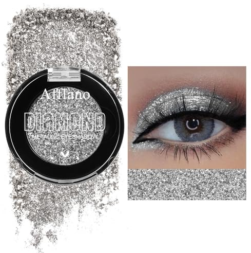 Afflano Silber Glitzer Lidschatten Hochpigmentiert, Metallischer Silberne Lidschatten Palette Einzeln, Schimmer Glitter Eyeshadow Smoky Goth Augen Make-up, Neutrales Highlighter Makeup, 11H