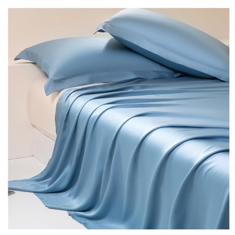 100% Eukalyptus Tencel/Lyocell Satin Bettlaken ohne Gummizug Betttuch Haustuch Laken ohne Gummi Seidig Glatte Kühlblätter für alle Jahreszeiten (Color : Blue, Size : 245x250cm+48x74cm x2)