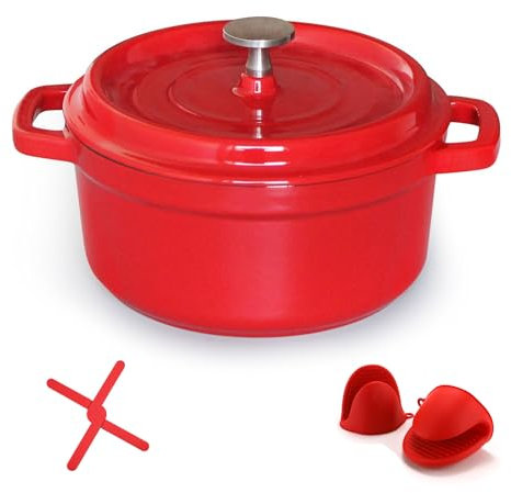 WXFKLDJ Cacerola De Hierro Fundido Cocotte Hierro Fundido Esmaltado Especial para Inducción Y Apta para Todos Tipo De Cocina Heavy 28Cm 6,4L con Revestimiento De Esmalte Antiadherente,Rojo,7QT