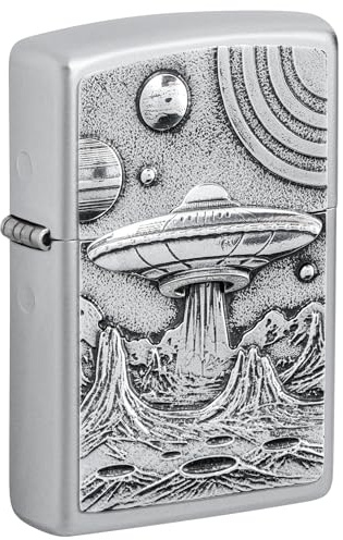 Zippo Sturmfeuerzeug - Alien Life, Satin Chrome, Emblem - Nachfüllbar - Wiederverwendbar - Windfestes Design - Geschenkbox - Made in USA