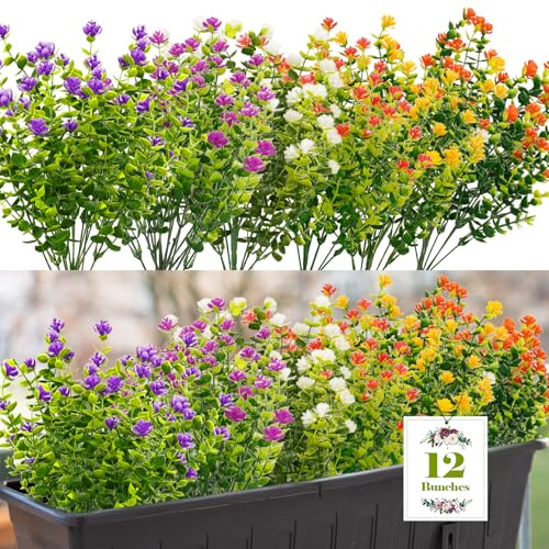 Fettwal 12 Bündel Kunstblumen, Künstliche Blumen Kunstpflanzen, Kunstblumen Wie Echt, Künstliche Balkonpflanzen, Kunstblumen Outdoor Balkon Deko Wetterfest UV-beständig, Künstliche Blumen Wie Echt