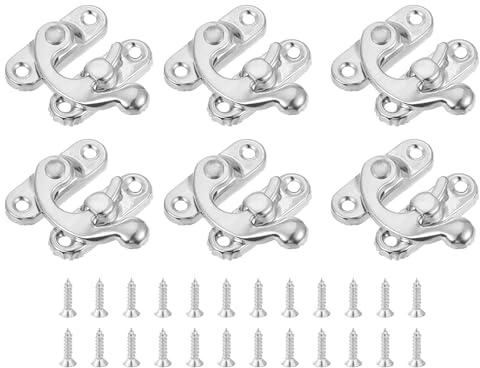QUARKZMAN 6pz Vintage Serratura Chiavistello, 27 x 32mm Mini Chiavistello Braccio Oscillante Chiavistello Sinistro Gancio Chiavistello con Viti per Scatola Gioielli Valigia Cassetta, Argento