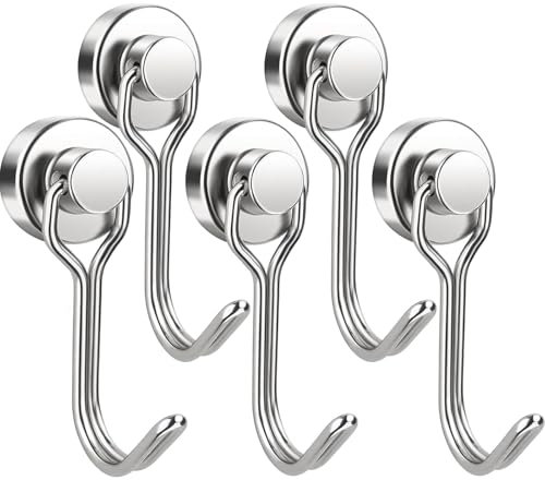 Yoolly 5 Pack Magnetic Hooks, Strong Neodymium Magnet with Hooks, Magnets with Hooks, 33Lbs Swivel Metal Hanging Hooks for Hanging, Ceiling, Camping, Kitchen (Silver)